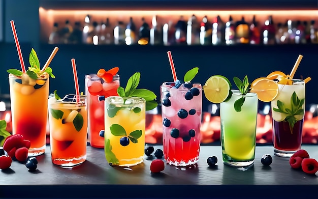 Muitos diferentes coquetéis de frutas refrescantes coloridos com hortelã de limão gelado e bagas em uma festa de clube noturno de balcão de bar com refrigerantes ai gerado ilustração