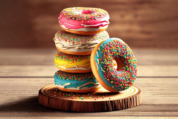 Muitos donuts de bolo fosco colorido com confeitos doces empilhados e colocados de lado