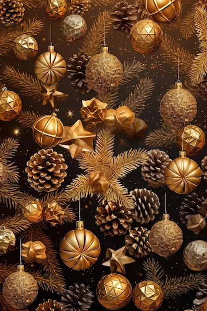 muitos enfeites de ouro com árvore de natal e cones