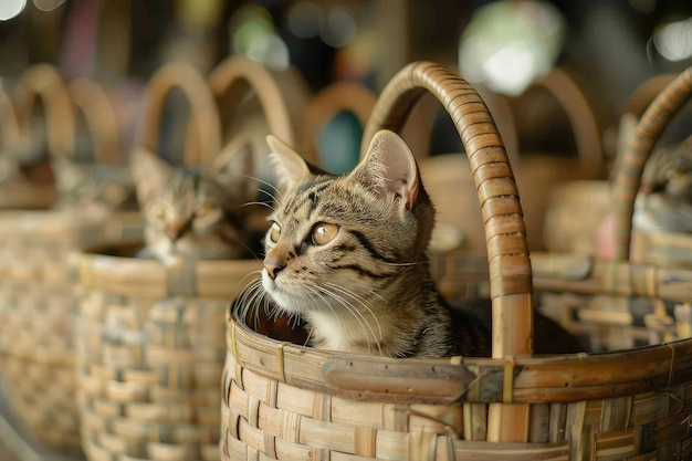 Muitos gatos em cestas de vime no mercado de artesanato Novo gato de vime em cesta feita à mão