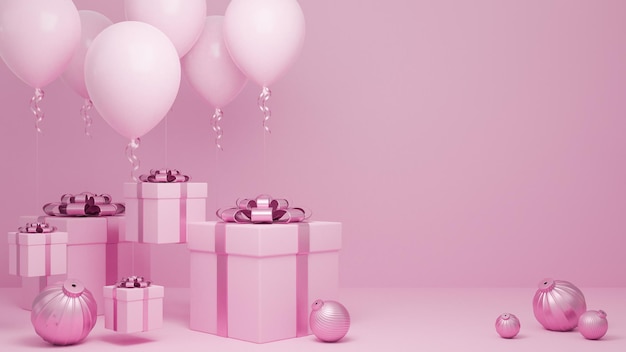 Muitos Gift box voar no ar com balão e fundo rosa pastel do ornamento., Conceito do fundo do Natal e do ano novo feliz., Modelo 3d e ilustração.