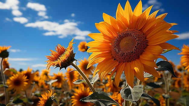 Foto muitos girassóis amarelos que se erguem para o sol.