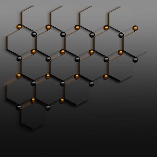 Muitos heaxagons pretos com esferas brilhantes pretas e douradas com espaço vazio. Modelo abstrato para apresentação.