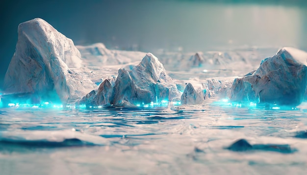 Muitos icebergs de tamanhos diferentes na ilustração 3d de água