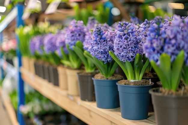 Muitos jacintos de flores violetas azuis em vasos são exibidos na prateleira de uma loja de flores