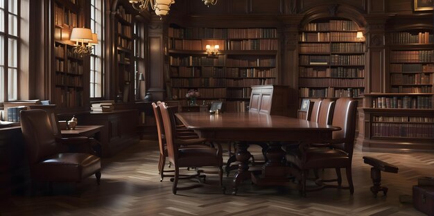 Muitos livros na biblioteca pública interior de madeira castanho escuro uma mesa de estudo com cadeira