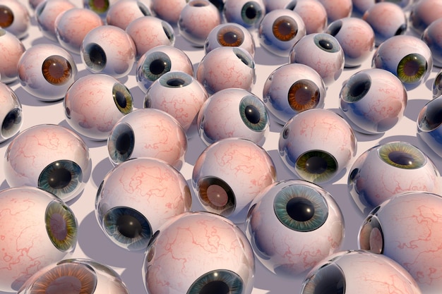 Muitos olhos diferentes em uma ilustração 3D de superfície clara Fundo abstrato