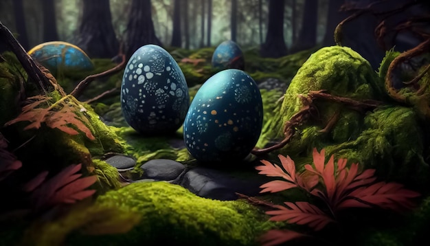Muitos ovos de Páscoa na floresta realista