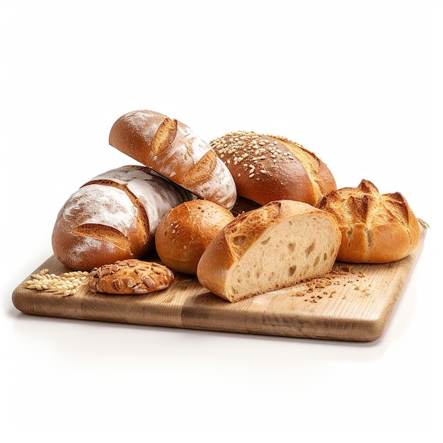 Muitos pães diferentes em uma cesta sobre uma mesa de madeira branca