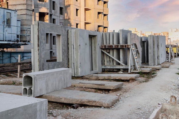 Muitos painéis de parede de concreto pré-moldado estão estocando na área de armazenamento aguardando instalação no canteiro de obras