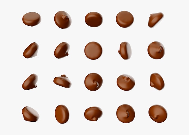 Muitos pedaços de chocolate na ilustração 3d de fundo branco