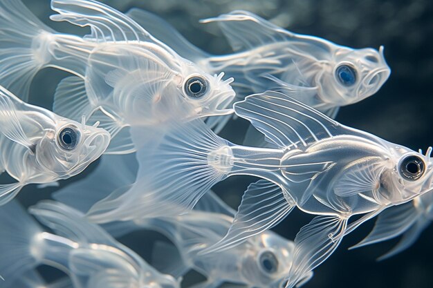 Muitos peixes nadando juntos num tanque