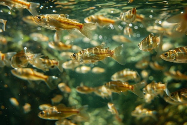 Muitos peixes pequenos no mar sob a colônia de peixes aquáticos