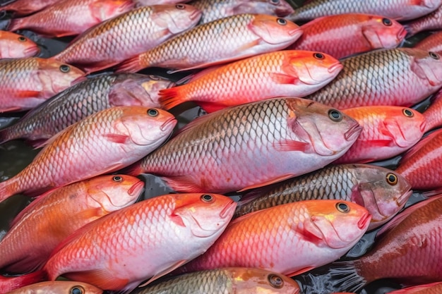Muitos peixes rohu labeo rohita dispostos em linha no mercado de peixe indiano venda de peixe rui na ásia