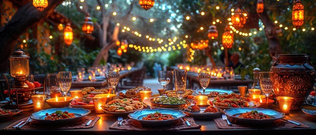 muitos pratos de comida na mesa com velas