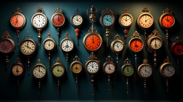 Foto muitos relógios na parede generative ai