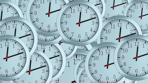 Foto muitos relógios simples 3d com setas de hora, segundo e minuto, gerado por computador, pano de fundo de negócios moderno
