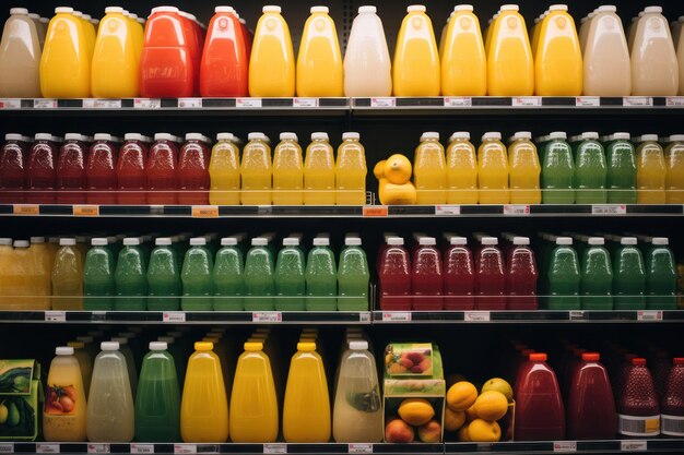 Foto muitos sucos em barras de frutas em uma mercearia