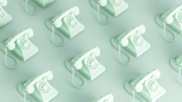 Muitos telefones antigos com fios torcidos Tecnologia retrô em fundo azul pastel 3d render