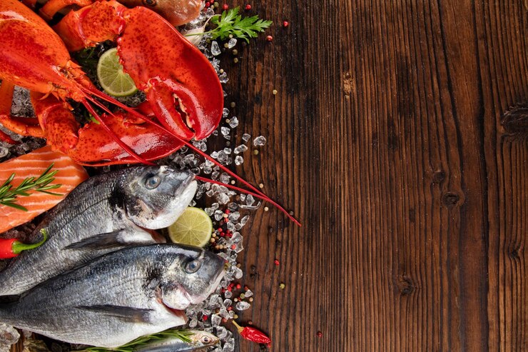 Foto muitos tipos de frutos do mar servidos em gelo esmagado