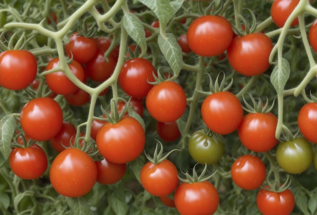 Muitos tomates frescos com folhas verdes prontos para colher