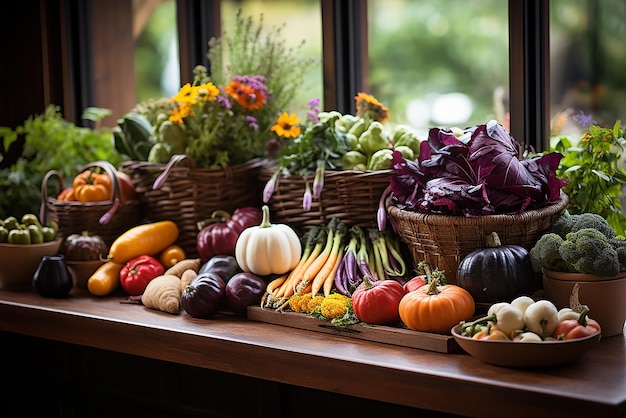 Muitos vegetais diferentes em uma mesa de madeira dieta e vegetarianismo conceito de alimentação saudável