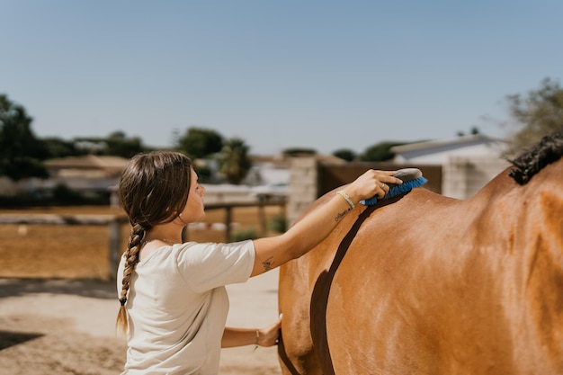 Mujer de 17 años cepilla el lomo de un caballo