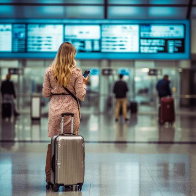 Mujer de 25 años de edad mirando hacia atrás sonriendo en el aeropuerto con el teléfono celular en la mano y las maletas en su s