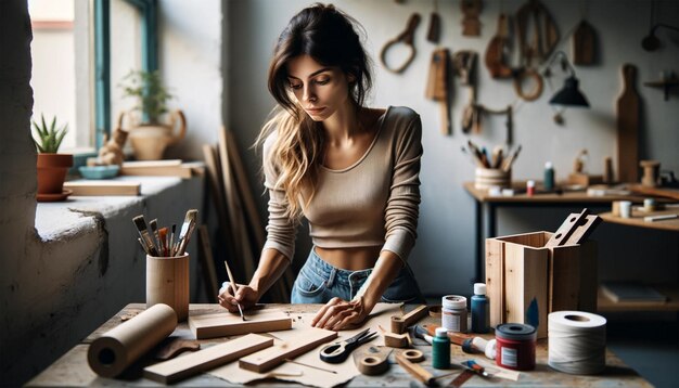Una mujer de 28 años se centró en un proyecto de DIY en un espacio de trabajo doméstico bien iluminado DIY materiales como la madera