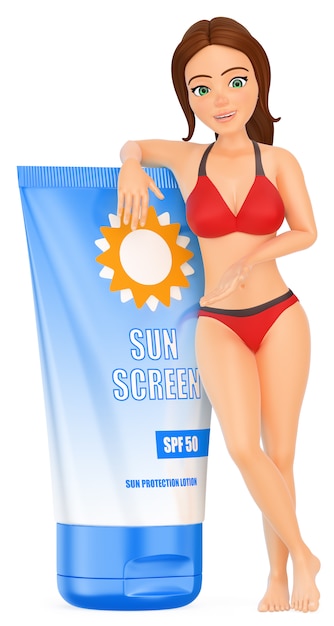 Mujer 3D en bikini con protector solar