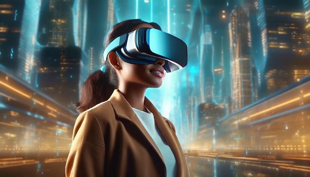 Mujer en 3D con gafas de realidad virtual en una ciudad futurista