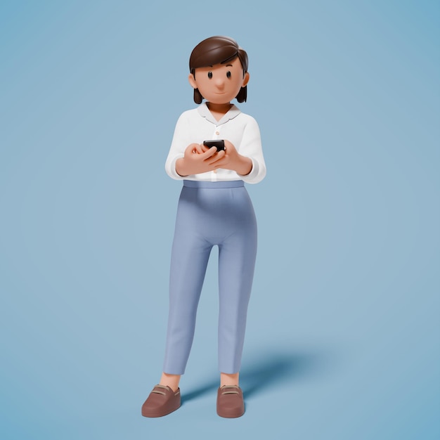 Mujer 3D de pie mientras mira el teléfono celular que tenía en la mano