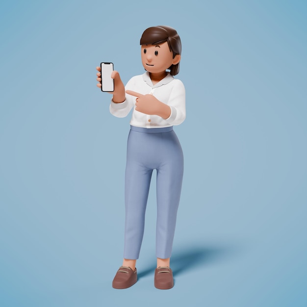 Mujer 3D sosteniendo un teléfono celular mientras señala la pantalla de su teléfono celular