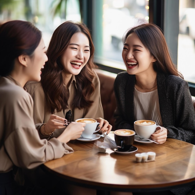 Foto mujer con 4 5 amigos sonriendo sentada y bebiendo café ilustración generativa de ia