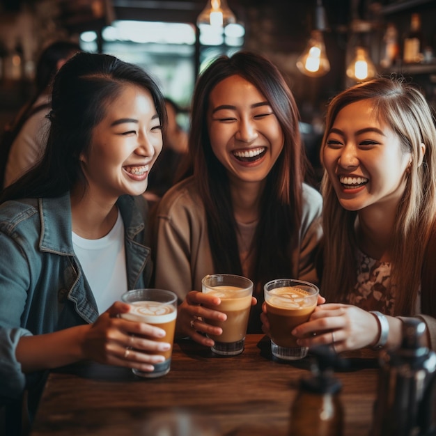 mujer con 4 5 amigos sonriendo sentada y bebiendo café Ilustración generativa de IA