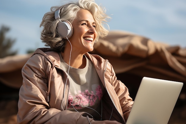 una mujer de 50 años con cabello blanco gris natural una amplia sonrisa con grandes auriculares modernos