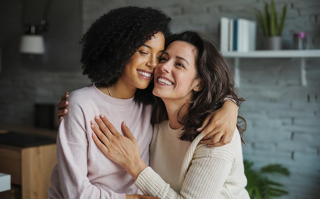 una mujer abraza a una amiga que lleva un suéter y la otra la abraza