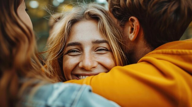 Una mujer abraza a un hombre y le sonríe ai