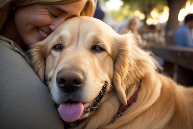 Una mujer abraza a su mascota, una adorable compañía de perros perdigueros para personas solteras generada por Ai