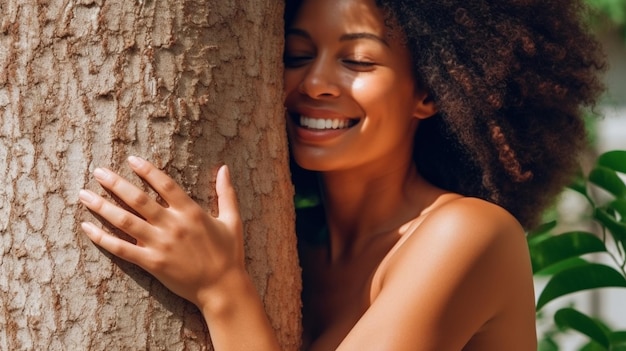 una mujer abrazando un árbol con las manos en el tronco