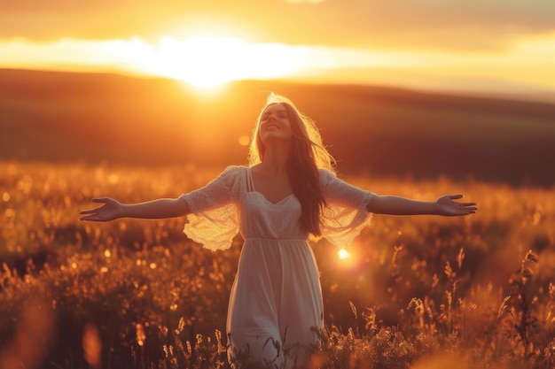 Mujer abrazando el atardecer disfrutando de la paz en la naturaleza