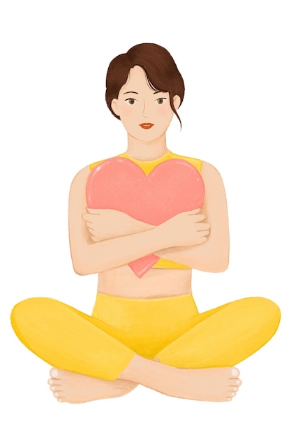 Mujer abrazando el corazón png ilustración de personaje de cuidado personal fondo transparente