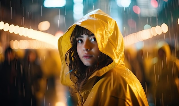 Una mujer abrazando la lluvia con un brillante impermeable amarillo