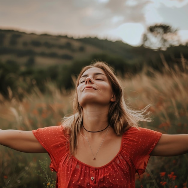 Foto mujer abrazando la naturaleza con vistas al paisaje montañoso