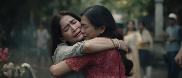 Foto una mujer abrazando a otra mujer con una cara triste