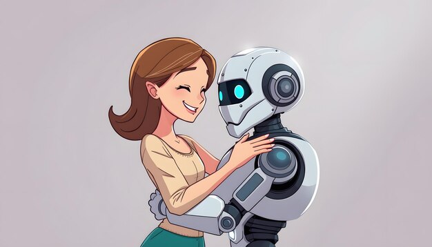 Mujer abrazando a un robot en un momento emocional aislado con luces blancas