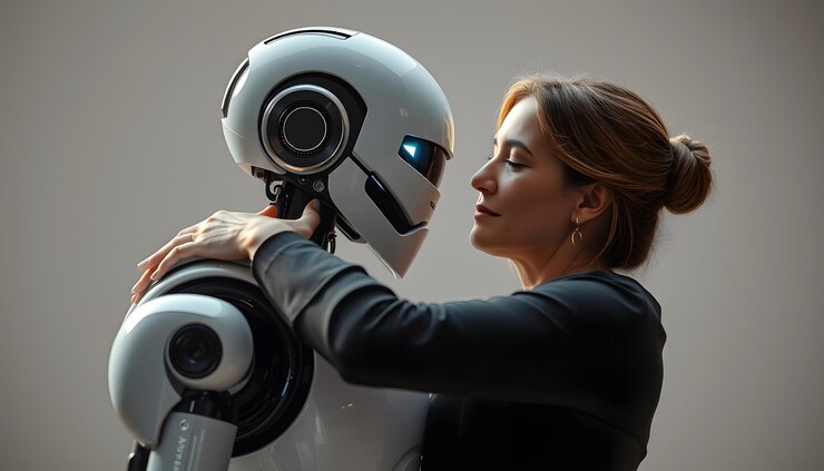 Foto mujer abrazando a un robot en un momento emocional aislado con luces blancas