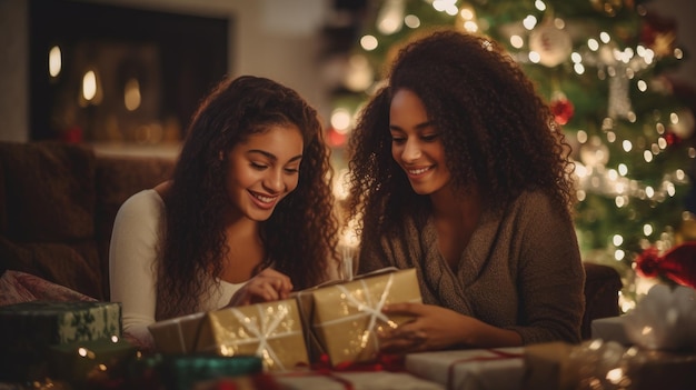 Mujer abriendo una caja de regalos de Navidad con una expresión de sorpresa