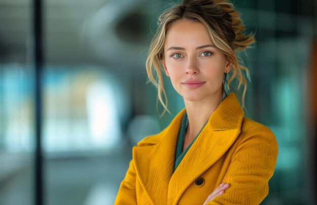 Mujer con abrigo amarillo apoyada en la pared