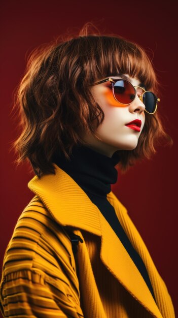 Una mujer con un abrigo amarillo y gafas de sol Imagen vibrante del arte pop